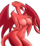  absurd_res anthro bedroom_eyes big_breasts bodily_fluids breast_squish breasts demon dragon duo edit female hi_res holding_breast lucia_(satina) mature_female narrowed_eyes nude rainybleuu satina_wants_a_glass_of_water seductive simple_background solo squish sweat white_background wings 