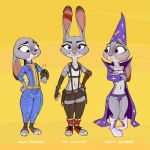  1:1 2020 anthro bethesda_softworks blush clothed clothing cosplay dipstick_ears disney ears_down english_text fallout female final_fantasy final_fantasy_vii fully_clothed fur grey_body grey_fur hi_res judy_hopps lagomorph leporid mammal midriff multicolored_ears navel pip-boy pivoted_ears purple_eyes rabbit samur_shalem simple_background skimpy smile solo square_enix standing text tifa_lockhart toeless_legwear vault_suit video_games yellow_background zootopia 