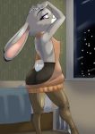  2020 akiric anthro bed breasts butt clothed clothing dipstick_ears disney female furgonomics furniture hi_res inside judy_hopps lagomorph legwear leporid looking_at_viewer looking_back mammal multicolored_ears nipple_outline purple_eyes rabbit rear_view scut_tail smile solo standing stockings sweater tail_clothing topwear virgin_killer_sweater window zootopia 