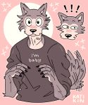  ! 2020 absurd_res anthro beastars black_nose blush canid canine canis cheek_tuft clothed clothing facial_tuft fur grey_body grey_fur hi_res katikin legoshi_(beastars) male mammal pink_background simple_background solo tailwag tuft wolf 