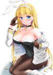  1girl akira_(sayo_dayoo) alternate_costume animal_ears azur_lane bare_shoulders black_gloves blonde_hair blue_eyes blush boots breasts bunny_ears bunny_girl bunnysuit choker cleavage covered_navel cross_choker eyebrows_visible_through_hair fake_animal_ears gloves hair_between_eyes hairband half_gloves highres large_breasts leotard long_hair looking_at_viewer north_carolina_(azur_lane) one_eye_closed pantyhose shadow smile solo tongue tongue_out 