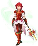  1girl armor armored_boots bangs boots fire_emblem fire_emblem:_mystery_of_the_emblem fire_emblem_heroes full_body headband highres holding holding_weapon indesign minerva_(fire_emblem) official_art polearm red_eyes red_footwear red_hair short_hair skirt spear transparent_background weapon younger 