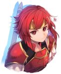  1girl armor closed_mouth fire_emblem fire_emblem:_mystery_of_the_emblem fire_emblem_heroes headband highres minerva_(fire_emblem) nakabayashi_zun red_eyes red_hair short_hair simple_background solo white_background yellow_headband younger 