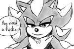  2020 3:2 anthro black_nose black_pupils black_text chest_tuft dialogue english_text eulipotyphlan fur fur_tuft hedgehog krazyelf looking_at_viewer mammal monochrome profanity shadow_the_hedgehog simple_background solo sonic_the_hedgehog_(series) speech_bubble talking_to_viewer text tuft white_background 