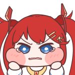  &gt;:( 1girl blue_eyes blush_stickers cheek_squash chibi diyap_(style) elflorri hair_ornament last_origin long_hair looking_at_viewer may_of_doom red_hair simple_background tearing_up twintails wavy_mouth 