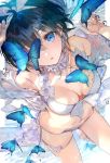  1girl :o bare_shoulders bikini black_hair blue_butterfly blue_eyes breasts bug butterfly front-tie_bikini front-tie_top genderswap genderswap_(mtf) hair_between_eyes hair_ribbon highres houshin_engi insect kneeling looking_at_viewer medium_breasts mimoza_(96mimo414) navel ribbon short_hair solo swimsuit taikoubou water white_bikini white_ribbon 