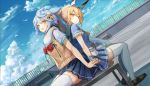  2girls alternate_costume animal_ears ayanami_(azur_lane) azur_lane back-to-back bell bird blonde_hair blue_hair blue_shirt blue_skirt blue_sky bow bowtie cloud day dutch_angle fubuki_(azur_lane) hair_ornament headgear holding_hands jingle_bell loafers long_hair looking_at_viewer looking_to_the_side miniskirt multiple_girls open_mouth outdoors pleated_skirt ponytail sailor_collar school_uniform serafuku shirt shoes short_sleeves sitting skirt sky smile sweater_vest thighhighs undershirt very_long_hair white_legwear white_shirt wrist_cuffs x_hair_ornament yellow_eyes yu_ni_t zettai_ryouiki 