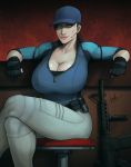  1girl 2020 absurdres assault_rifle bar_stool baseball_cap belt black_gloves blue_eyes breasts brown_hair cleavage collarbone crossed_legs dated devilhs fingerless_gloves gloves gun hat headset highres huge_breasts jill_valentine lips long_hair looking_at_viewer pants resident_evil rifle signature sitting smile solo stool weapon zipper 