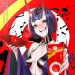  1girl alcohol bob_cut breasts cup eyeliner fate/grand_order fate_(series) headpiece highres horns japanese_clothes kimono looking_at_viewer makeup oni oni_horns open_clothes open_kimono open_mouth purple_eyes purple_hair purple_kimono revealing_clothes ryu0120 sakazuki sake short_eyebrows short_hair shuten_douji_(fate/grand_order) skin-covered_horns small_breasts solo 