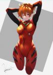  1girl absurdres ahoge arms_behind_head arms_up bodysuit breasts cosplay fate/grand_order fate_(series) fujimaru_ritsuka_(female) hair_between_eyes highres huge_filesize looking_at_viewer medium_breasts neon_genesis_evangelion one_eye_closed one_side_up orange_eyes orange_hair plugsuit rebuild_of_evangelion red_bodysuit shikinami_asuka_langley shikinami_asuka_langley_(cosplay) short_hair smile solo souryuu_asuka_langley thighs vegetablenabe 