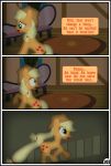  absurd_res applejack_(mlp) clothing comic dialogue english_text equid female feral freckles friendship_is_magic gutovi-kun hat headgear headwear hi_res looking_back mammal my_little_pony sitting solo stairs text window 