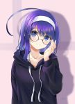  1girl adjusting_eyewear ahoge bespectacled black-framed_eyewear black_hoodie blue_eyes blue_hair blush casual chaesu glasses hairband head_tilt highres hood hood_down hoodie huge_ahoge long_hair orie_(under_night_in-birth) smile solo under_night_in-birth upper_body white_hairband 