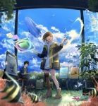  1boy 1girl :d angelfish animal black_jacket blue_shorts blue_sky blurry boots brown_hair brown_legwear canvas_(object) cloud cloudy_sky day depth_of_field fantasy fish holding hood hoodie jacket leg_ribbon looking_at_viewer mismatched_legwear open_clothes open_jacket open_mouth original paintbrush painting plant potted_plant ribbon sakeharasu short_hair short_shorts shorts single_sock single_thighhigh sky smile socks standing sunlight thighhighs whale 