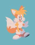 2018 2_tails 7:9 amberuzkaa anthro blue_background blue_eyes canid canine clothing digital_drawing_(artwork) digital_media_(artwork) dipstick_tail footwear fox fur gloves handwear male mammal miles_prower multi_tail multicolored_tail open_mouth open_smile shoes simple_background smile solo sonic_the_hedgehog_(series) standing white_body white_fur yellow_body yellow_fur 