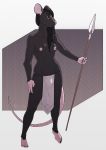  5_fingers black_body black_hair breasts bulge clothed clothing fingers gynomorph hair hi_res holding_object holding_weapon intersex khuraji mammal melee_weapon murid murine nipple_piercing nipples piercing pink_nose polearm rat rodent spear standing weapon 