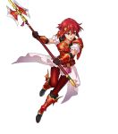  1girl armor armored_boots bangs boots fire_emblem fire_emblem:_mystery_of_the_emblem fire_emblem_heroes full_body headband highres holding holding_weapon indesign minerva_(fire_emblem) official_art polearm red_eyes red_footwear red_hair short_hair skirt spear transparent_background weapon younger 
