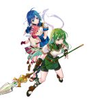  3girls armor bangs belt blue_dress blue_eyes blue_gloves blue_hair breastplate catria_(fire_emblem) dress est_(fire_emblem) fingerless_gloves fire_emblem fire_emblem:_mystery_of_the_emblem fire_emblem_heroes full_body gloves green_dress green_eyes green_gloves green_hair hanekoto headband highres holding holding_weapon long_hair multiple_girls official_art open_mouth open_toe_shoes palla_(fire_emblem) pink_hair polearm sandals shiny shiny_hair short_dress short_hair short_sleeves shorts shoulder_armor shoulder_pads siblings sisters spear toes transparent_background weapon younger 