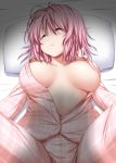  1girl ^_^ bangs bed_sheet blush breasts closed_eyes commentary_request eyebrows_visible_through_hair hair_between_eyes highres large_breasts long_sleeves lying navel no_hat no_headwear nori_tamago on_back pajamas partially_unbuttoned pillow pink_hair pink_pajamas plaid saigyouji_yuyuko short_hair solo spread_legs sweat touhou 