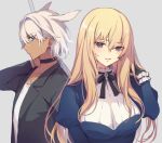  1boy 1girl blonde_hair blue_eyes breasts caenis_(fate) dark_skin dress fate/grand_order fate_(series) formal frills genderswap genderswap_(ftm) genderswap_(mtf) hair_intakes hand_in_hair kirschtaria_wodime large_breasts long_hair suit vivi_(eve_no_hakoniwa) 