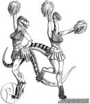  2015 4_toes anthro anthrosaurs april_(raphael) barefoot biped bottomwear breasts cheering cheerleader claws clothing daphne_(raphael) daspletosaurus dinosaur duo female hand_on_hip hi_res looking_at_another looking_at_viewer monochrome non-mammal_breasts on_one_leg one_foot_raised open_mouth ornithischian plateosaurid plateosaurus pom_poms predaguy raised_arm reptile sauropodomorph scalie scu_gang skirt smile standing stripes teeth theropod toe_claws toes tongue topwear tyrannosaurid 