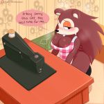  1:1 2020 animal_crossing anthro apron apron_only blush bodily_fluids breasts cleavage clothed clothing dialogue english_text eulipotyphlan female freckles hedgehog hi_res jinu looking_at_viewer mammal mostly_nude nintendo patreon sable_able solo speech_bubble sweat sweatdrop talking_to_viewer text url video_games 