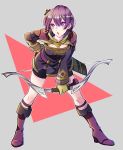  1girl 96ks_3h bernadetta_von_varley bike_shorts boots bow_(weapon) dress earrings fire_emblem fire_emblem:_three_houses full_body gloves hair_ornament high_heel_boots high_heels highres holding holding_bow_(weapon) holding_weapon jewelry leaning_forward long_sleeves open_mouth purple_eyes purple_hair quiver short_dress simple_background solo weapon yellow_gloves 