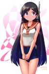  1girl black_hair blue_swimsuit commentary_request cowboy_shot headgear highres i-400_(kantai_collection) izumikuma kantai_collection looking_to_the_side orange_sailor_collar purple_eyes sailor_collar sailor_shirt school_swimsuit shirt side-tie_shirt sleeveless sleeveless_shirt solo standing swimsuit swimsuit_under_clothes tan 