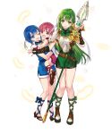  3girls armor bangs belt blue_dress blue_eyes blue_hair blush bow breastplate catria_(fire_emblem) dress est_(fire_emblem) eyebrows_visible_through_hair feathers fingerless_gloves fire_emblem fire_emblem:_mystery_of_the_emblem fire_emblem_heroes full_body gloves green_dress green_eyes green_gloves green_hair hanekoto headband highres holding holding_weapon long_hair looking_at_viewer multiple_girls official_art one_eye_closed open_mouth open_toe_shoes palla_(fire_emblem) pink_hair polearm short_dress short_hair shorts shoulder_armor shoulder_pads siblings sisters smile sparkle spear standing toes transparent_background weapon younger 