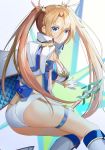  1girl ass bangs blonde_hair blue_eyes blush bradamante_(fate/grand_order) braid breasts crown_braid elbow_gloves fate/grand_order fate_(series) gloves hair_between_eyes highres large_breasts long_hair looking_at_viewer smile solo thigh_strap thighs tsukise_miwa twintails two-tone_bikini very_long_hair 