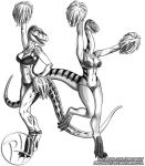  2015 4_toes anthro anthrosaurs april_(raphael) barefoot biped bottomwear bra breasts cheering cheerleader claws clothing daphne_(raphael) daspletosaurus dinosaur duo female hand_on_hip hi_res looking_at_another looking_at_viewer monochrome non-mammal_breasts on_one_leg one_foot_raised open_mouth ornithischian panties plateosaurid plateosaurus pom_poms predaguy raised_arm reptile sauropodomorph scalie scu_gang smile standing stripes teeth theropod toe_claws toes tongue topwear tyrannosaurid underwear 