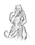  5_fingers anthro breasts duo featureless_crotch felid female female/female fingers fur greyscale jaguar lion mammal maquenda monochrome muscular muscular_female nipples nude open_mouth pantherine simple_background size_difference sketch spots standing white_background 