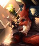  2020 alarm_clock anthro bandage barefoot bed bottomwear canid canine clock clothed clothing detailed_background disney duo eyes_closed female fox fully_clothed fur furniture grey_body grey_fur hi_res holding_cup holding_object judy_hopps lagomorph leporid light lighting male mammal nick_wilde nightstand on_bed orange_body orange_fur pawpads plant potted_plant rabbit red_fox relaxable relaxablefur shirt shorts sitting sleeping tank_top topwear zootopia 