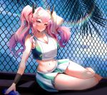  1girl azur_lane bangs bare_shoulders blue_sky blush bottle breasts bremerton_(azur_lane) bremerton_(scorching-hot_training)_(azur_lane) chain-link_fence cloud crop_top crop_top_overhang eyebrows_visible_through_hair fence hair_between_eyes hair_ornament hairclip holding_racket kuroha_(rockluo213) large_breasts long_hair looking_at_viewer multicolored_hair navel palm_tree pink_hair shirt sitting skirt sky sleeveless sleeveless_shirt sportswear streaked_hair sweatdrop tennis_uniform tree twintails two-tone_shirt two-tone_skirt water_bottle x_hair_ornament 