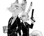  anthro canid canine clothed clothing disney duo ear_markings facial_markings fox head_markings holding_gun holding_object holding_weapon jack_savage lagomorph leporid mammal markings monochrome mtttut_(artist) nick_wilde rabbit red_fox simple_background suit weapon whiskers white_background zootopia 