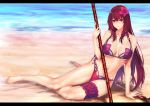  1girl adapted_costume arm_at_side arm_support bangs bare_arms bare_shoulders barefoot bikini breasts cleavage collarbone day fate/grand_order fate_(series) fingernails flower gae_bolg hair_between_eyes hair_flower hair_intakes hair_ornament hand_up hibiscus highres holding holding_weapon jewelry large_breasts legs_together letterboxed lips long_fingernails long_hair looking_at_viewer makeup nail_polish navel outdoors parted_lips pink_bikini pink_flower pink_lips pink_nails planted_weapon polearm purple_bikini purple_hair red_eyes scathach_(fate)_(all) scathach_(swimsuit_assassin)_(fate) sidelocks sitting smile solo spear stomach strap_gap string_bikini swimsuit underboob very_long_hair water weapon yokozuwari zucchini 