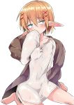  blush clothed clothing collarbone elf fjnm000 glistening glistening_hair hair humanoid humanoid_pointy_ears ishuzoku_reviewers nipple_outline not_furry simple_background solo toes wet wet_clothing wet_hair white_background zel_(ishuzoku_reviewers) 