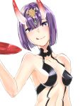  1girl artist_request bangs bare_shoulders bob_cut breasts closed_mouth collarbone cup eyeliner fate/grand_order fate_(series) headpiece horns licking_lips looking_at_viewer makeup medium_breasts oni oni_horns purple_eyes purple_hair revealing_clothes sakazuki short_hair shuten_douji_(fate/grand_order) simple_background skin-covered_horns smile solo tongue tongue_out white_background 