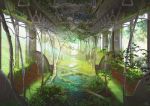  blurry blurry_background commentary_request day depth_of_field mocha_(cotton) no_humans original plant ruins scenery signature train_interior tree water 