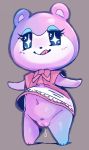  animal_crossing anthro bodily_fluids bottomless clothed clothing exed_eyes female fur genital_fluids genitals judy_(animal_crossing) mammal nintendo plump_labia pussy pussy_juice simple_background solo tongue tongue_out ursid video_games 