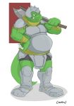  anthro armor axe canson claws clothed clothing feda:_the_emblem_of_justice finger_claws full-length_portrait green_body headgear helmet hi_res holding_axe lizard lizardman male melee_weapon muscular muscular_male portrait reptile scalie shoulder_guards signature solo weapon weapon_on_shoulder white_claws 