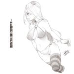  1girl breasts character_request chinese_text closed_mouth ejami greyscale league_of_legends long_hair monochrome navel simple_background smile solo swimsuit thighhighs translation_request white_background 