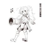  1girl armor chinese_text earrings ejami greyscale jewelry league_of_legends long_hair looking_at_viewer monochrome pointy_ears poppy simple_background solo translation_request twintails white_background yordle 