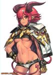  1girl ass_visible_through_thighs bangs breasts cape character_request crop_top cross cross_patty demon_girl demon_horns demon_tail eyebrows_visible_through_hair fangs fingernails gloves gold_armor highres horns long_fingernails looking_at_viewer micro_shorts midriff navel ninnin_(shishitou) no_bra original parted_lips pointy_ears red_eyes red_hair red_tail short_hair shorts sidelocks skindentation small_breasts stomach tagme tail underboob white_cape white_shorts 