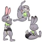  2020 anthro bodily_fluids bottomwear breasts butt clothed clothing crop_top d_widget disney female fully_clothed fur grey_body grey_fur hotpants judy_hopps lagomorph leporid mammal midriff multiple_poses pose purple_eyes rabbit shirt shorts simple_background smile solo standing sweat sweatdrop topwear white_background zootopia 