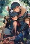  2boys all_fours anniversary armor bii_(chigonez) bike_shorts black_shorts blue_cape blue_hair cape child dual_persona english_commentary fire_emblem fire_emblem_heroes highres male_focus marth_(fire_emblem) multiple_boys shorts sidelocks smile sword tiara time_paradox tunic weapon younger 