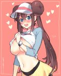  1girl areolae blue_eyes blush breasts brown_hair commentary_request double_bun eyebrows_visible_through_hair heart large_breasts long_hair mei_(pokemon) multicolored_shirt navel ooshio7734 pantyhose pokemon pokemon_(game) pokemon_bw2 pokemon_masters puffy_nipples raglan_sleeves red_background shirt_lift short_shorts shorts simple_background smile solo sweatdrop translation_request twintails underboob very_long_hair visor_cap yellow_shorts 
