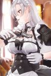  1girl black_neckwear blurry blurry_background breasts cigarette commentary corset earrings gloves gun hair_ornament handgun highres holding holding_gun holding_weapon jewelry kfr large_breasts long_hair maid maid_dress maid_headdress original red_eyes revolver silver_hair solo weapon white_gloves 