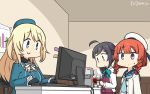  3girls ahoge atago_(kantai_collection) beret black_gloves blonde_hair blue_eyes blue_headwear blue_neckwear blue_ribbon blue_sailor_collar bob_cut braid breasts closed_mouth coffee coffee_maker_(object) commentary_request cup dated desk disposable_cup etorofu_(kantai_collection) from_side furrowed_eyebrows gloves gradient_hair hair_ribbon hamu_koutarou hat hayanami_(kantai_collection) highres holding holding_cup indoors kantai_collection large_breasts long_hair long_sleeves looking_at_another looking_down military military_uniform multicolored_hair multiple_girls ponytail purple_hair red_hair ribbon sailor_collar sailor_hat school_uniform short_hair side_braid sidelocks signature steam table thick_eyebrows twin_braids uniform white_headwear white_ribbon yellow_eyes 