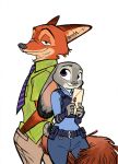  2017 anthro bottomwear canid canine cheek_tuft clothed clothing coreycomic disney duo ears_down envelope facial_tuft fox fully_clothed fur grey_body grey_fur holding_object judy_hopps lagomorph leporid mammal necktie nick_wilde orange_body orange_fur pants pivoted_ears purple_eyes rabbit red_fox shirt simple_background smile topwear tuft white_background zootopia 