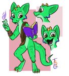  2020 anklet anthro book bracelet brown_eyes claws green_body hi_res holding_book holding_object jewelry magic open_mouth open_smile scalie smile solo theblueberrycarrots toe_claws 